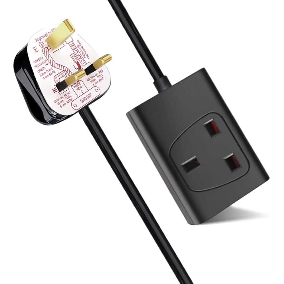 Black 2-meter extension lead with a 13A plug and a three-socket outlet, featuring a durable black cable and clear labeling on the plug.