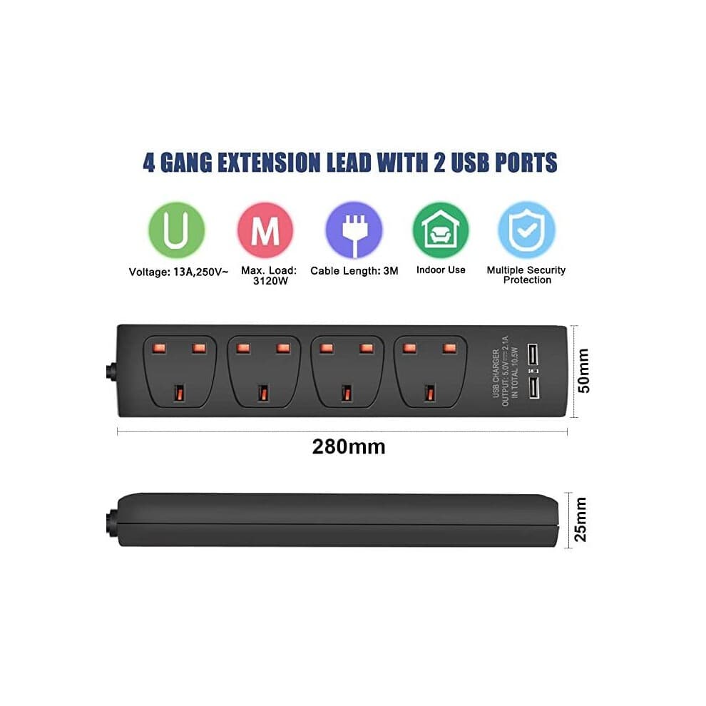 ExtraStar 13A 5m 4 Socket Black Unswitched Extension Lead with 2 USB Port - image 2