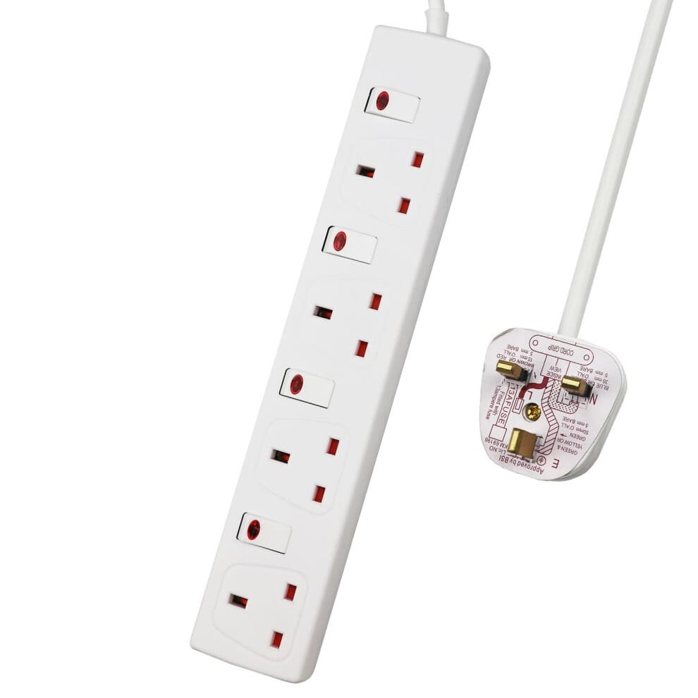 White 4 gang socket extension with 13A rating, 5-meter cable, individual switches, child-resistant sockets, and indicator light for safety.
