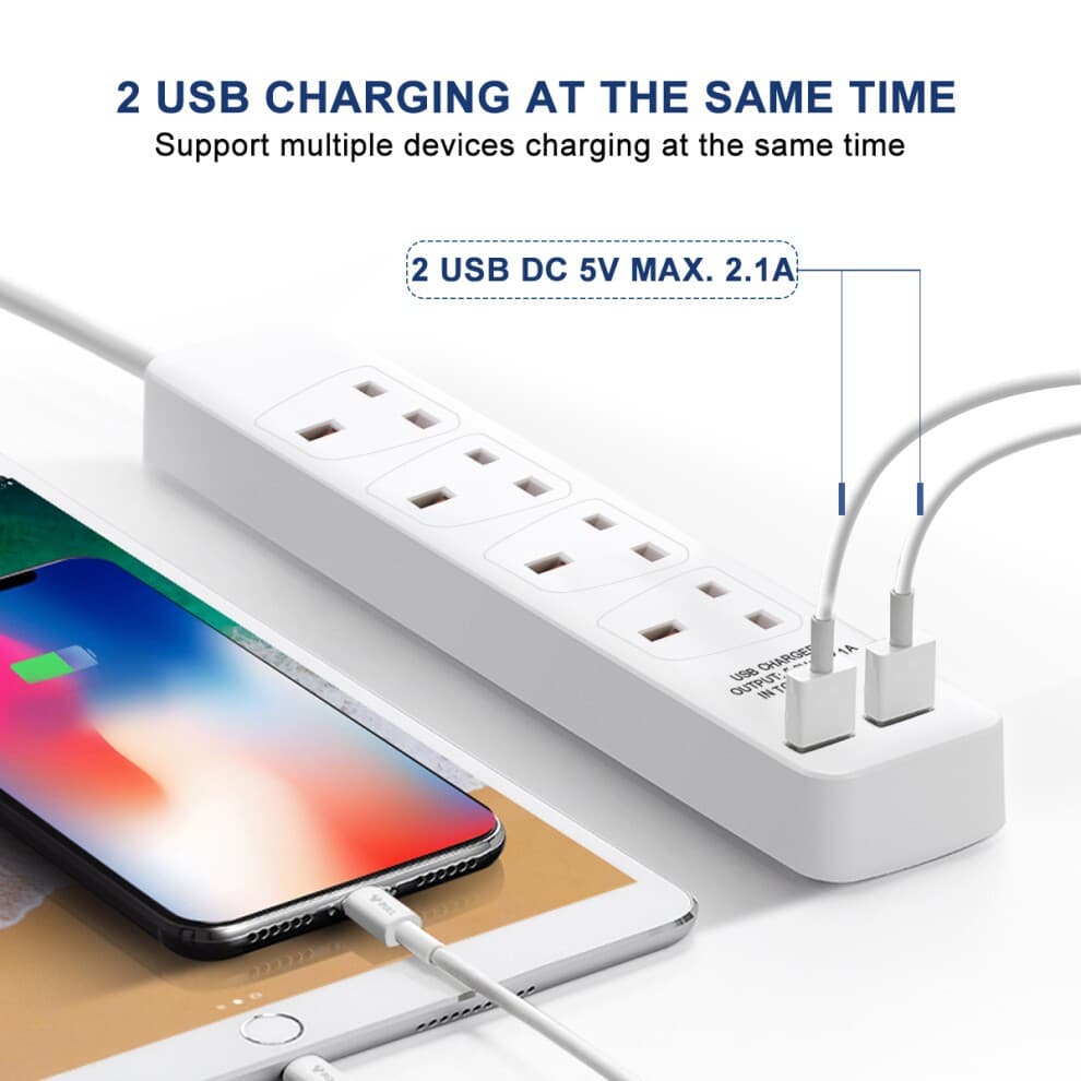 ExtraStar 13A 5m 4 Socket White Unswitched Extension Lead with 2 USB Port - image 4