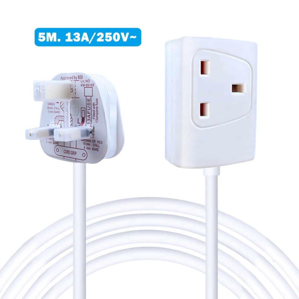 White 5-meter extension lead featuring a 13A plug and socket, made of durable plastic with a smooth finish, designed for safe electrical connections.