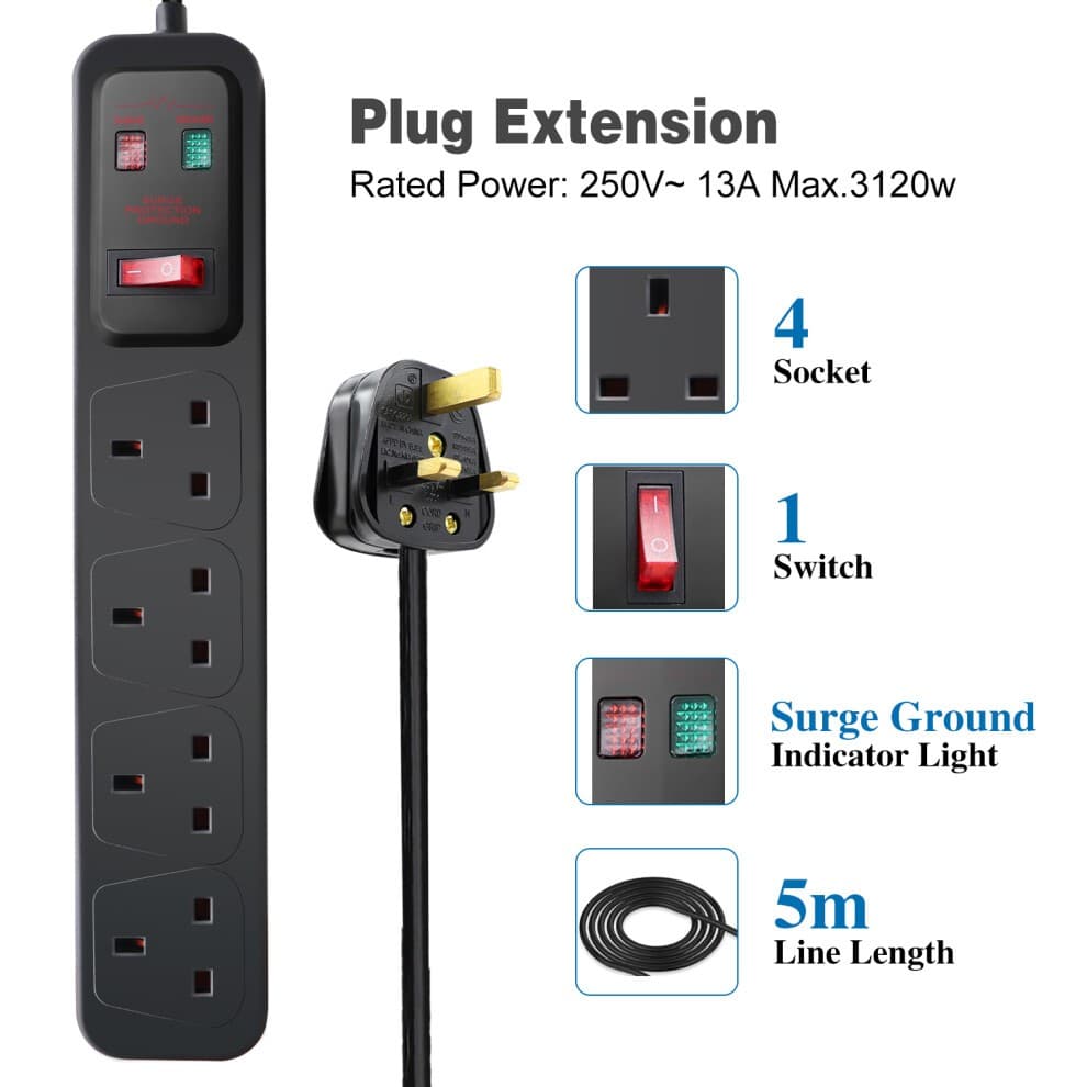 Black 4-gang switched surge-protected extension lead with a 5m cable, featuring four sockets, a single switch, and a surge ground indicator light.