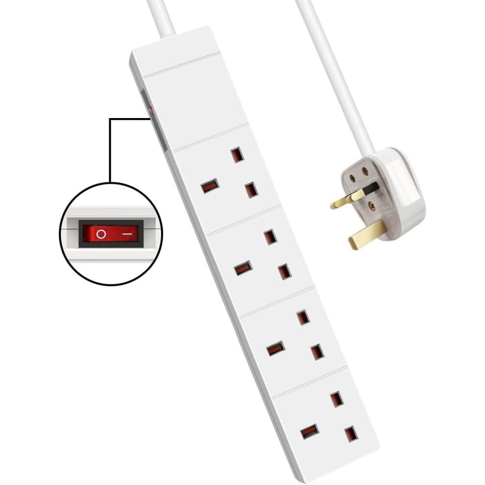 White 4-gang extension lead with LED indicator and side switch, 1M length, 13A UK plug, designed for up to 3120W, featuring four sockets for multiple devices.