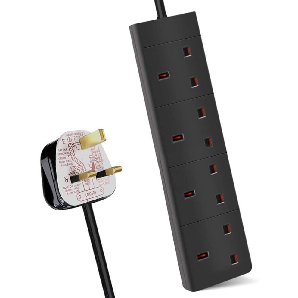 Black 4-way extension lead with a 5-meter cable, featuring four sockets, a 13A rating, and a UK plug with safety features.