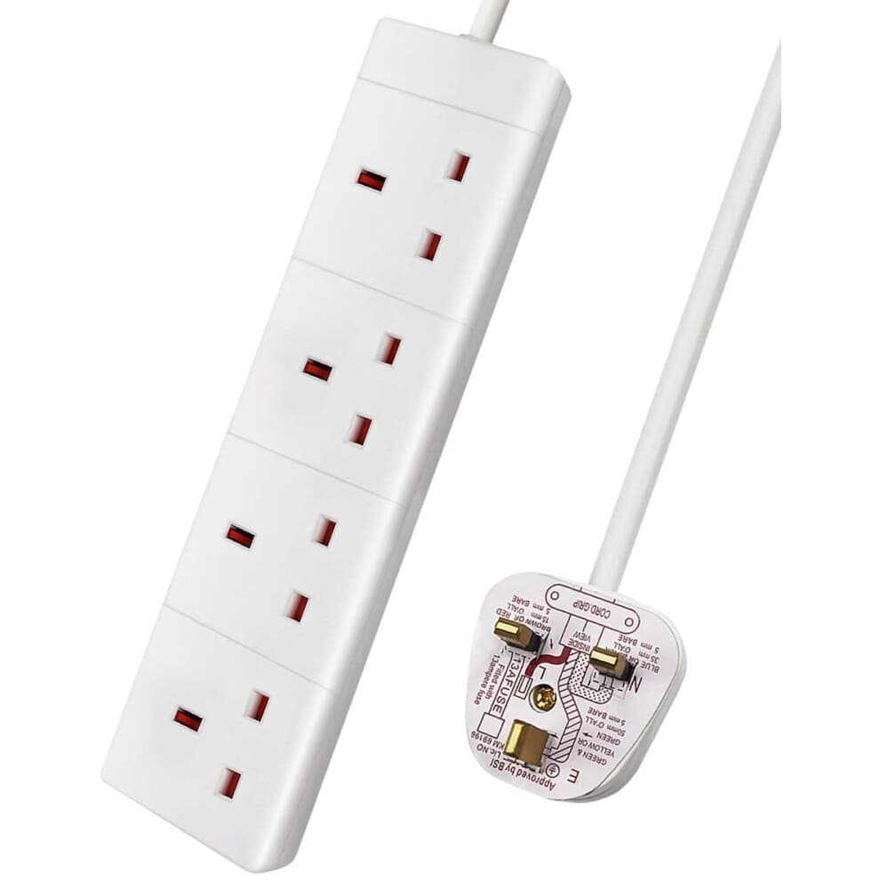 Four-way white extension lead with a 1-meter cable and 13A rating, featuring four UK plug sockets and a white plug with safety features on the back.