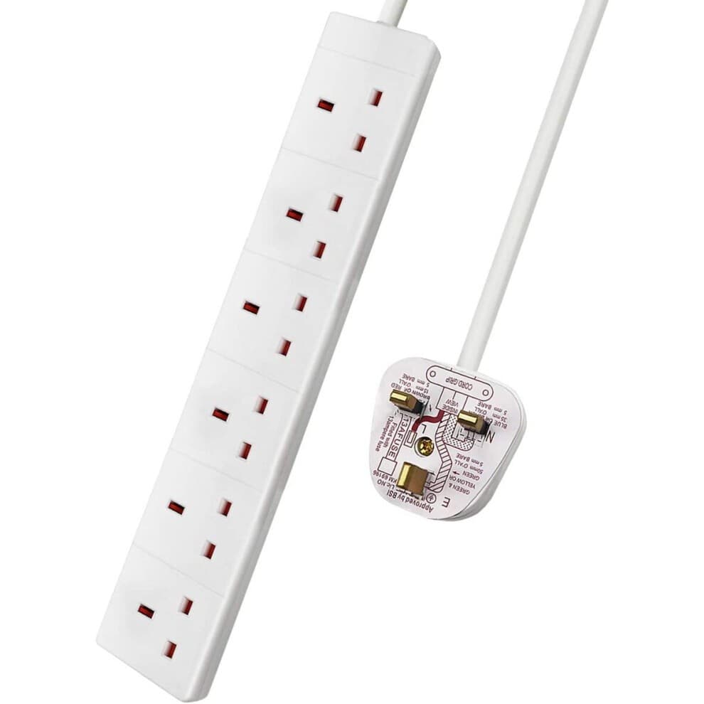 White 6-way extension lead with a 5-meter cord, featuring six red socket outlets and a white plug with safety features, suitable for 13A usage.