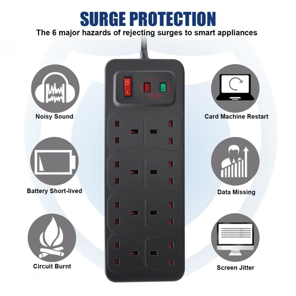 ExtraStar 8 Gang 13A Black Switched Surge-Protected Extension Lead 2m - image 2