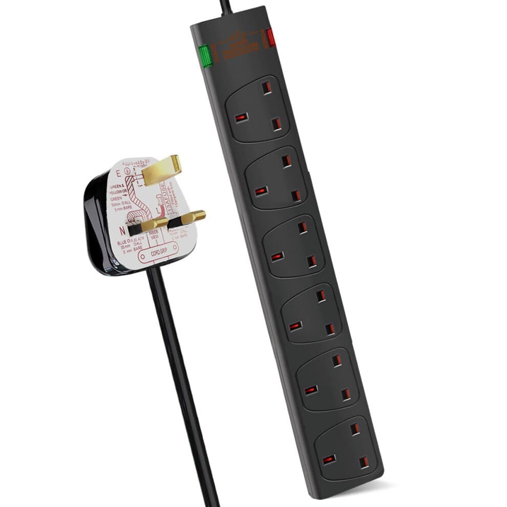 Black 6-gang surge-protected extension lead with a 1-meter cable, featuring red and green indicator lights, designed for 13A plugs, made of durable plastic.