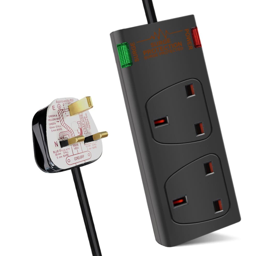 Black 2-gang surge-protected extension lead with a 3-meter cable, featuring two red sockets, green power indicator, and a UK plug.