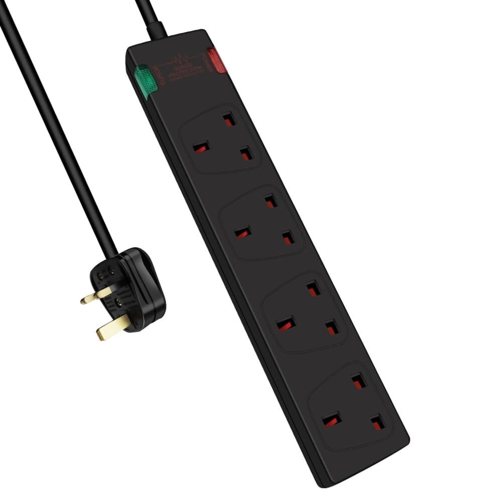 Black 4-gang surge-protected extension lead with a 3-meter cord, featuring four sockets, a green power indicator, and a red surge protection indicator.