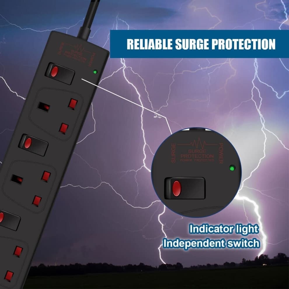 ExtraStar Black 13A 5m 6 Socket Individually Switched Surge Protected Extension Lead - image 2