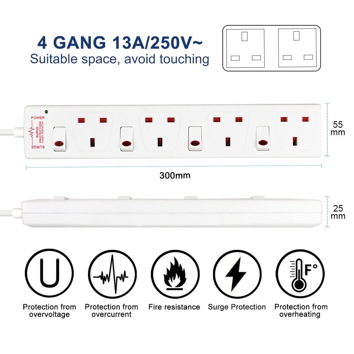 ExtraStar White 13A 1m 4 Socket Individually Switched Surge Protected Extension Lead - image 3
