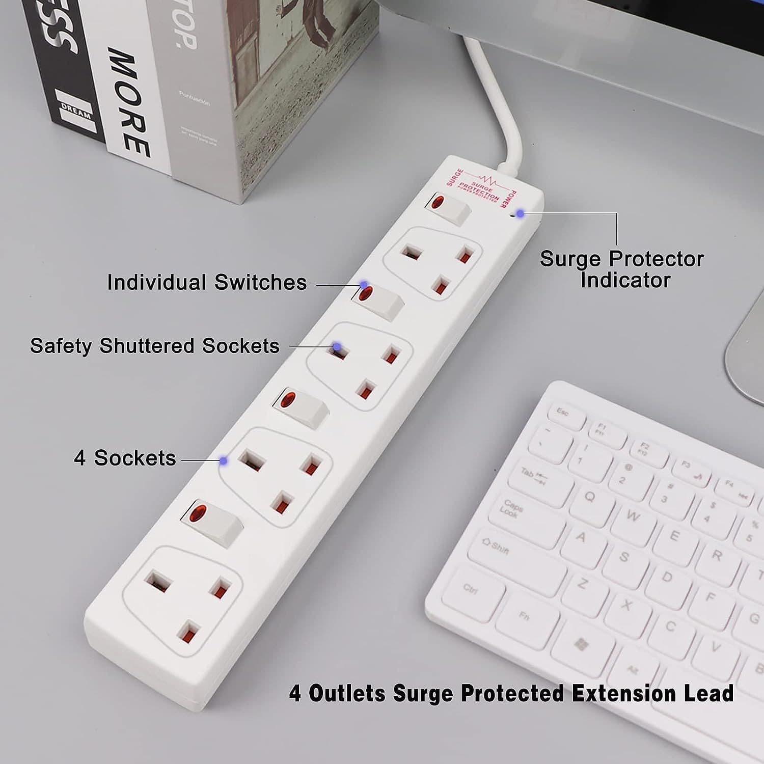 ExtraStar White 13A 1m 4 Socket Individually Switched Surge Protected Extension Lead - image 4