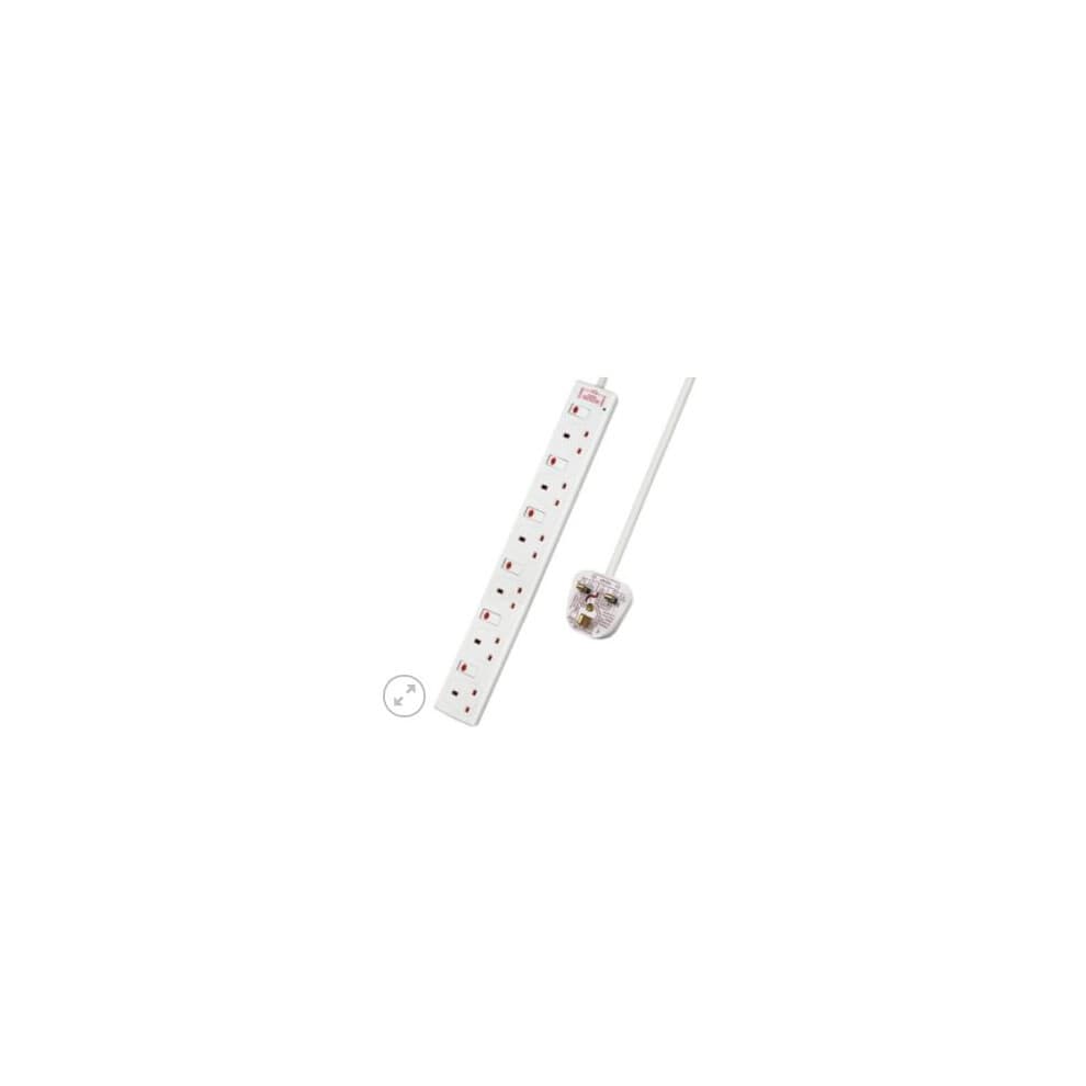 White 6-gang extension lead with individually switched sockets, surge protection, 2-meter length, and a 13A plug, featuring a sleek plastic design.