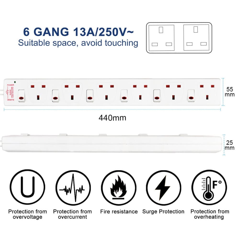 White 6-gang extension lead with individually switched sockets, surge protection, and a 3-meter cable, featuring a sleek design and safety symbols for overcurrent and overheating protection.