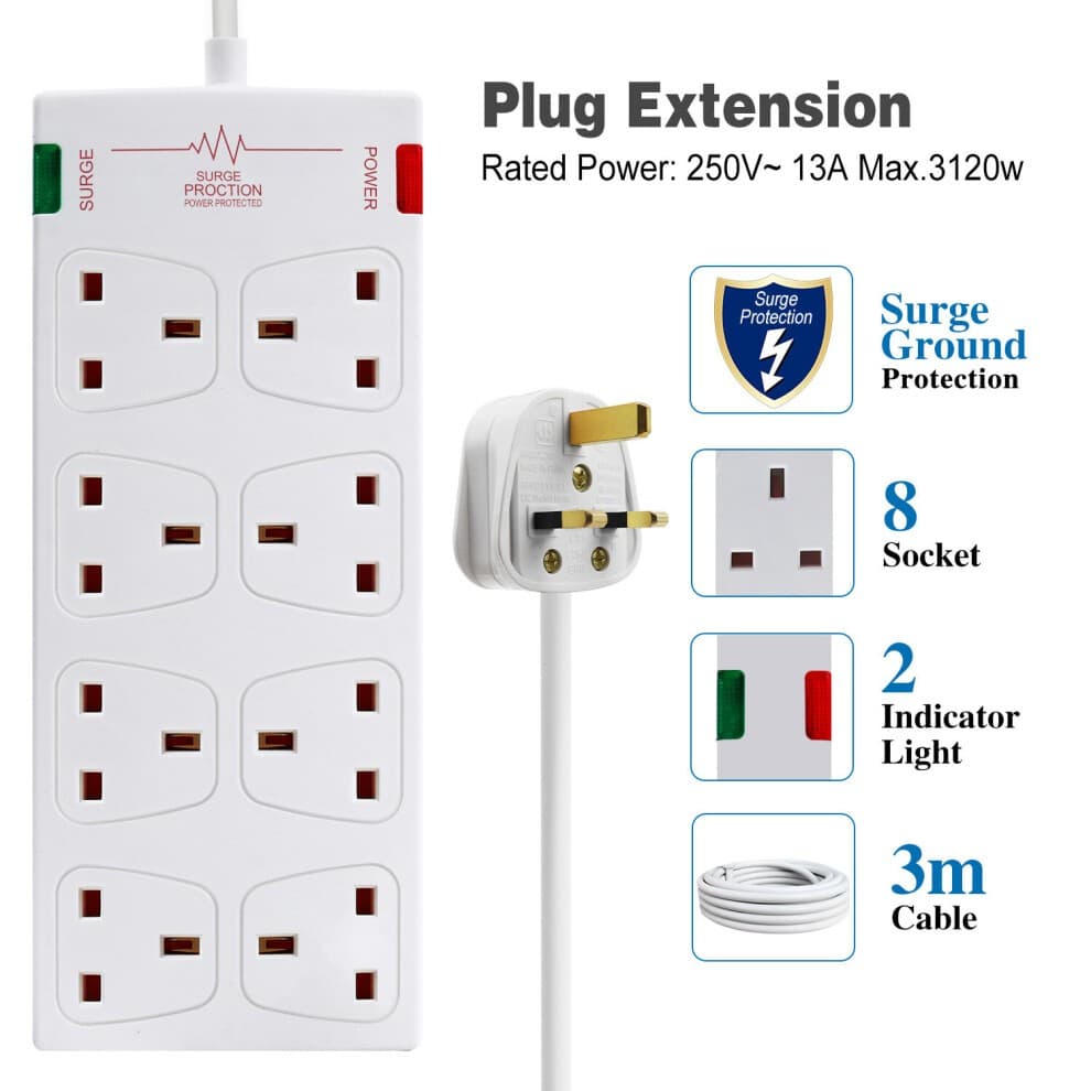 White 8-gang surge-protected extension lead with a 3-meter cable, featuring multiple sockets, surge protection indicator lights, and a sturdy design for safety and convenience.