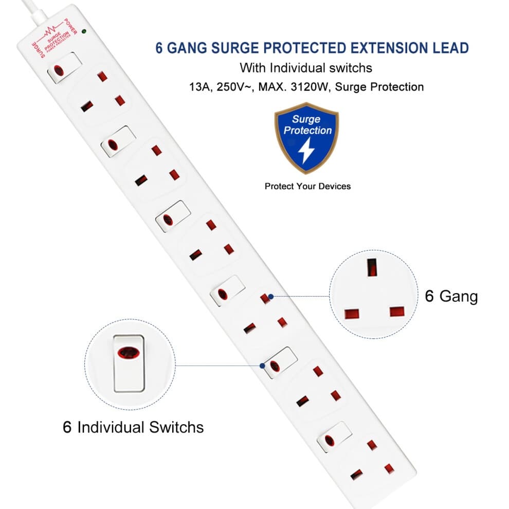 White 6-gang surge-protected extension lead with individual switches, 5 meters long, rated 13A and 3120W, featuring red sockets and a sleek design for device protection.