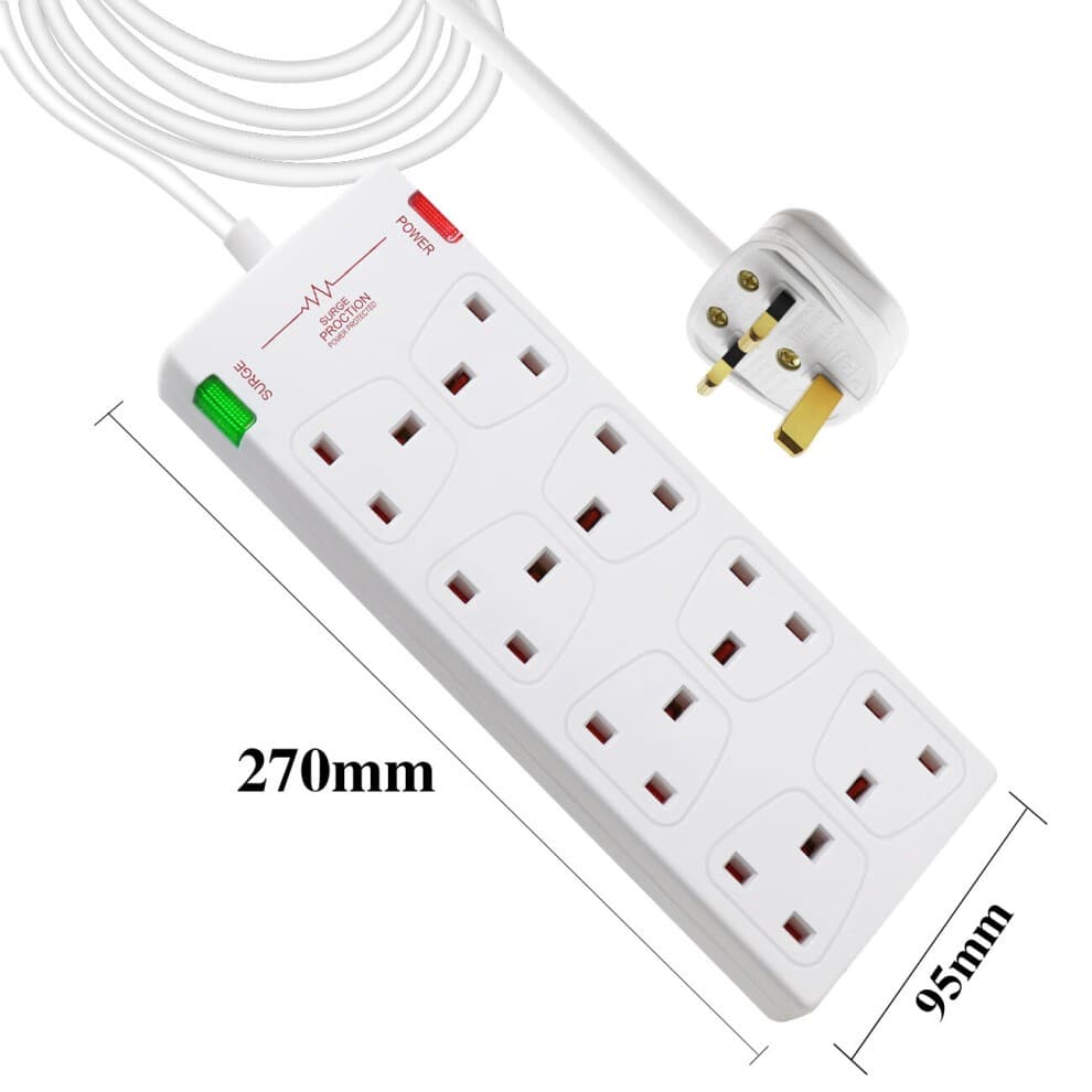 White 8-gang surge-protected extension lead with a 5-meter cable, featuring a power indicator, surge protection switch, and UK plug, measuring 270mm by 95mm.