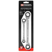 Facom 2 Piece Quatro Ratchet Ring Spanner Set, silver, with dual-ended ratchet heads on black and red packaging.