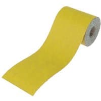 Yellow Faithfull sanding paper roll, 115mm x 5m, 120 grit, with aluminum oxide coating.