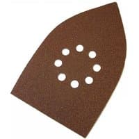 Brown Faithfull multi-sander sheet with hook and loop backing, coarse grit, teardrop shape, and eight circular holes.
