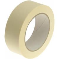 Beige Faithfull masking tape roll, 38mm wide and 50m long, with a smooth texture and cardboard core.