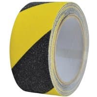 Black and yellow striped anti-slip tape roll, 50mm x 5m, by Faithfull.