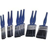 Faithfull 10 Piece Utility Synthetic Paint Brush Set with blue plastic handles and black bristles in various sizes.