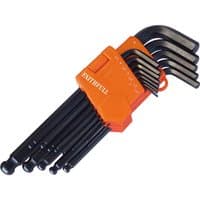 Black long ball end hexagon Allen key set with orange holder, 13 pieces by Faithfull.