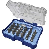Faithfull 25 piece quick change screwdriver bit set in blue case with clear lid, featuring various metal bits.