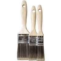 Faithfull 3 Piece Tradesman Paint Brush Set with wooden handles and synthetic bristles in varying sizes.
