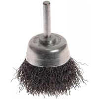 Faithfull wire brush with shaft mount, 50mm diameter, 20mm length, dense 0.30mm steel bristles, silver metal base.
