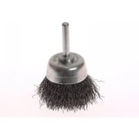 Faithfull wire brush with shaft mount, 70mm diameter, 25mm length, 0.30mm steel bristles, silver metal base.