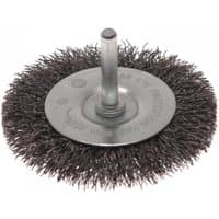 Faithfull wire brush 50mm with 6mm shank, dense circular bristles, metal center, ideal for cleaning and deburring.