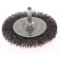 Faithfull wire brush 75mm with 6mm shank, circular metal base, dense black bristles, for cleaning and deburring.