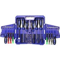 Blue Faithfull 63 piece fold-out screwdriver and bit set with assorted handles and bits in a plastic case.