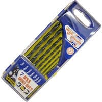 Faithfull 7 Piece HSS Drill Bit Set in a blue and yellow plastic case with clear cover and labeled sections.