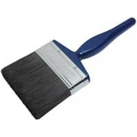 Blue-handled Faithfull 100mm utility paint brush with black bristles and silver metal ferrule.