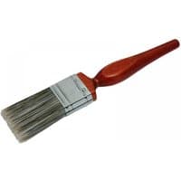 Red-handled Faithfull 7500315 Superflow synthetic paint brush with 38mm bristles and metal ferrule.
