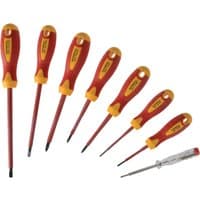 Faithfull 8 Piece VDE Insulated Screwdriver Set with red handles, yellow accents, and a clear mains tester.