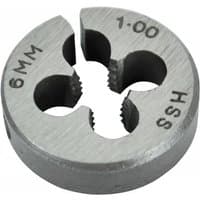 Silver Faithfull HSS split die with straight flute, marked 6MM and 1.00, circular shape with central threading holes.