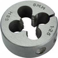 Silver Faithfull HSS split die with straight flute, M8 x 1.25 threading, 1-inch outer diameter, engraved markings.