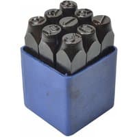 Blue box holding black metal number punches with hexagonal handles.
