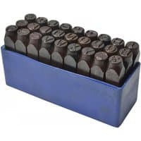 Blue box with 27 black metal letter punches, each with a 4mm character, by Faithfull.