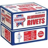 "Blue and white box of Faithfull Aluminium Pop Rivets, 13mm length, 3.2mm diameter, quantity 1000, red and blue branding"