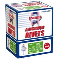 Faithfull Aluminium Rivets 4.8x14mm, bulk pack of 500, in a blue and white box with red accents and product details.