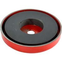 Red and black Faithfull shallow magnet, circular with central hole, 80.0 x 9.5mm, 25.0kg power capacity.