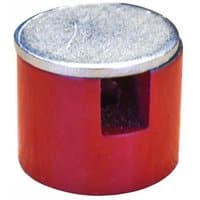 Red Faithfull button magnet, 32.5mm diameter, silver top, cylindrical shape, 4.8kg pull power.
