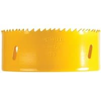 Yellow Faithfull bi-metal cobalt holesaw, 105mm diameter, with sharp teeth and ventilation slots.