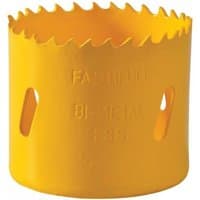 Yellow Faithfull bi-metal cobalt holesaw, 52mm diameter, with jagged cutting edge and side slots.